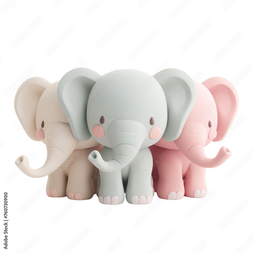 Three Adorable Cartoon Elephants in Grey, Blue, and Pink Hues Holding Trunks