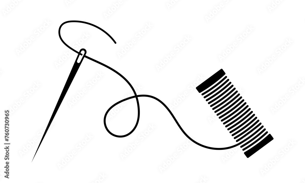 Spool thread with needle icon. Black silhouette with needle and spool. Tailor vector symbol. Spool thread with needle icon. Black silhouette with needle and spool. Tailor vector symbol.