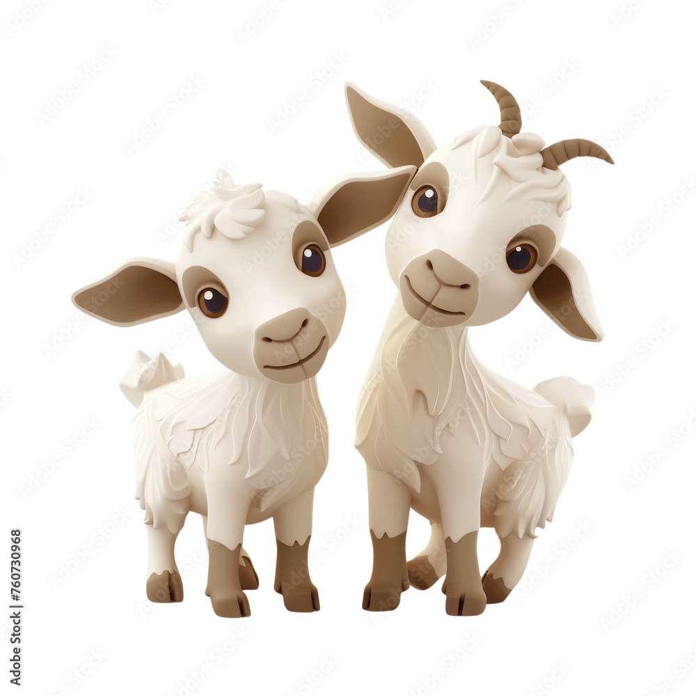 3D rendering of cheerful kid goats standing together, with an engaging transparent backdrop, suitable for kids' visuals