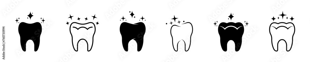 Set of clean and healthy tooth vector icons. Shine teeth icons. Dentistry symbol. - obrazy, fototapety, plakaty 