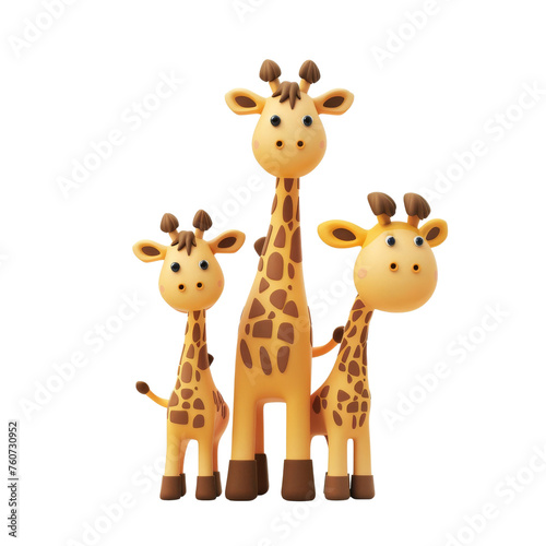 Family of cartoon giraffes in different sizes showing parent-child relationship and affection on a plain background