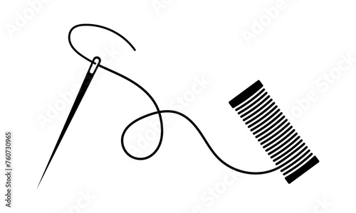 Spool thread with needle icon. Black silhouette with needle and spool. Tailor vector symbol.