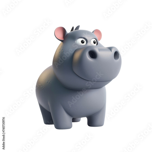 Illustration of a baby hippopotamus portrayed in 3D  standing with a gentle expression on a contrasting transparent background