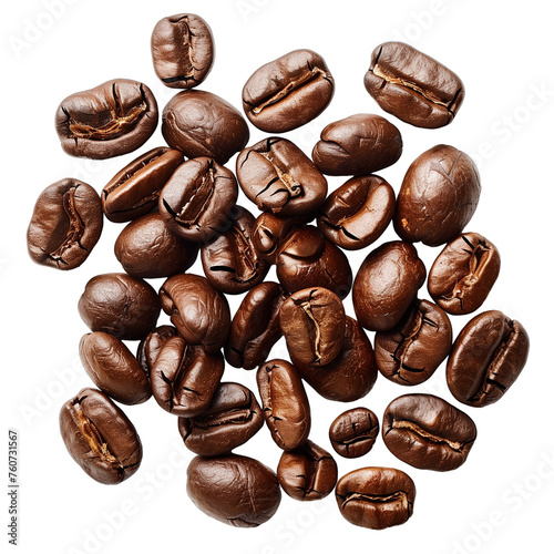 a small pile of coffee beans poured on the table, cofe beans isolated on white background, top view, flat lay photography