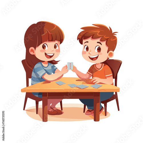 Children playing cards. Boy and girl characters sitting at table. Board game. Cartoon illustration. Generative AI vector