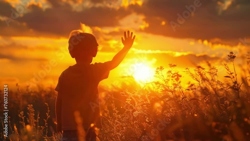 silhouette of a child waving their hand against the backdrop of a breathtaking sunset, reflecting warmth and innocence photo