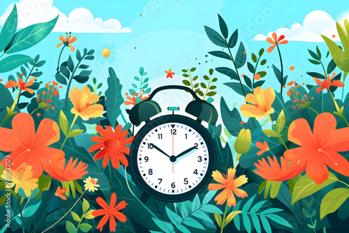 Daylight saving time concept with clock moved forward one hour and floral landscape, flat illustration photo