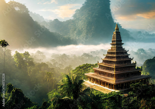 realistic illustration of a temple in the middle of tropical jungle