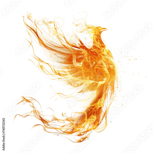 Fire resembling a phoenix, transparent background, isolated image, generative AI