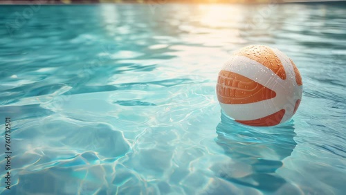 classic white and orange beach ball floats gently on the shimmering surface of a sun-drenched swimming pool photo