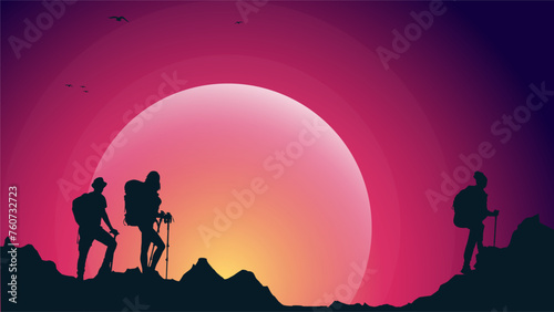 Traveler climb with backpack and travel walking sticks. silhouette of a person in the mountains. A Man hiking in the mountains. a person with backpack for hiking silhouette background