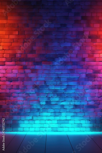 Neon colorful blue lighting on a brick wall pattern photo background