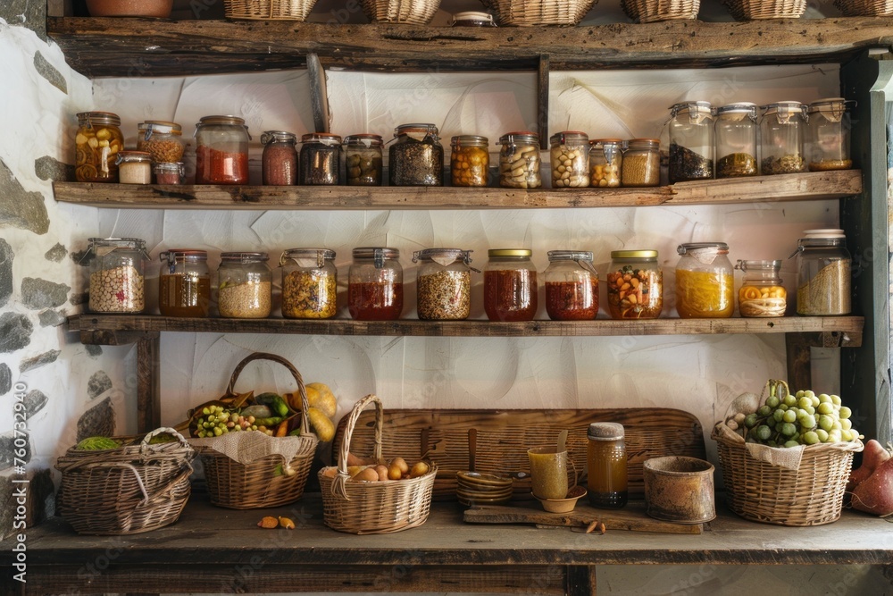 A pantry filled with jars of preserved foods and baskets of fresh produce, displaying abundance.
