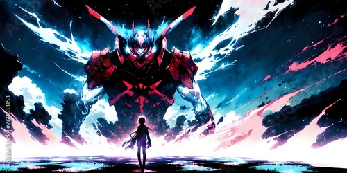 Anime guy on the background of a big demon, anime background, wallpaper photo