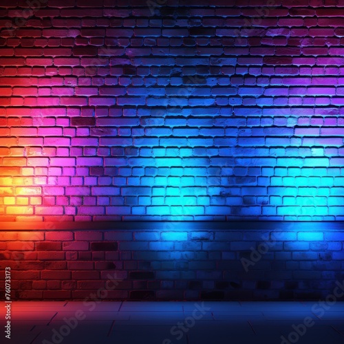 Neon colorful blue lighting on a brick wall pattern photo background