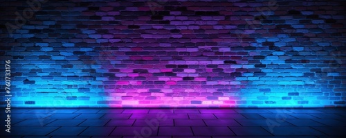 Neon colorful blue lighting on a brick wall pattern photo background