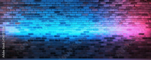 Neon colorful blue lighting on a brick wall pattern photo background