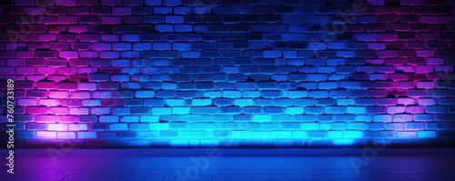 Neon colorful blue lighting on a brick wall pattern photo background