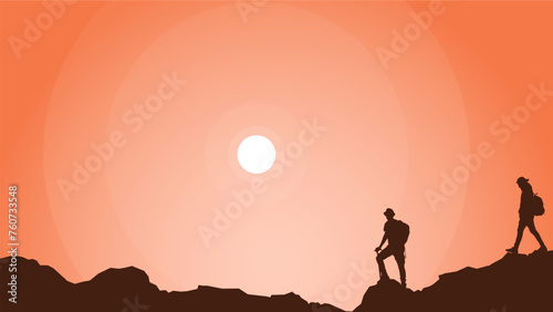 Fototapeta Naklejka Na Ścianę i Meble -  Traveler climb with backpack and travel walking sticks. silhouette of a person in the mountains. A Man hiking in the mountains. a person with backpack for hiking silhouette background