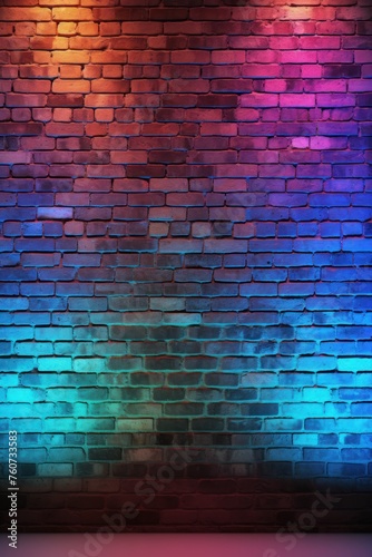 Neon colorful blue lighting on a brick wall pattern photo background