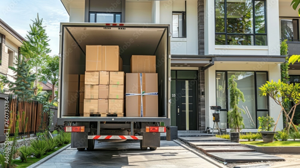 Moving Van On Street With Ramp, Boxes And Household Furnishings Moving Van On Street With Ramp, Boxes And Household Furnishings