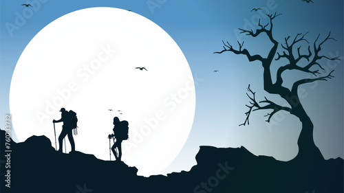 Traveler climb with backpack and travel walking sticks. silhouette of a person in the mountains. A Man hiking in the mountains. a person with backpack for hiking silhouette background