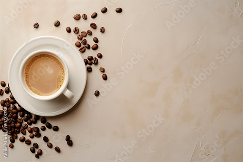 Minimalist cup of coffee and cofe beans isolated on the Mocha mousse background with copyspace for text, concept of simplicity, plain background with much  space for copy text, minimalistic flat lay. 