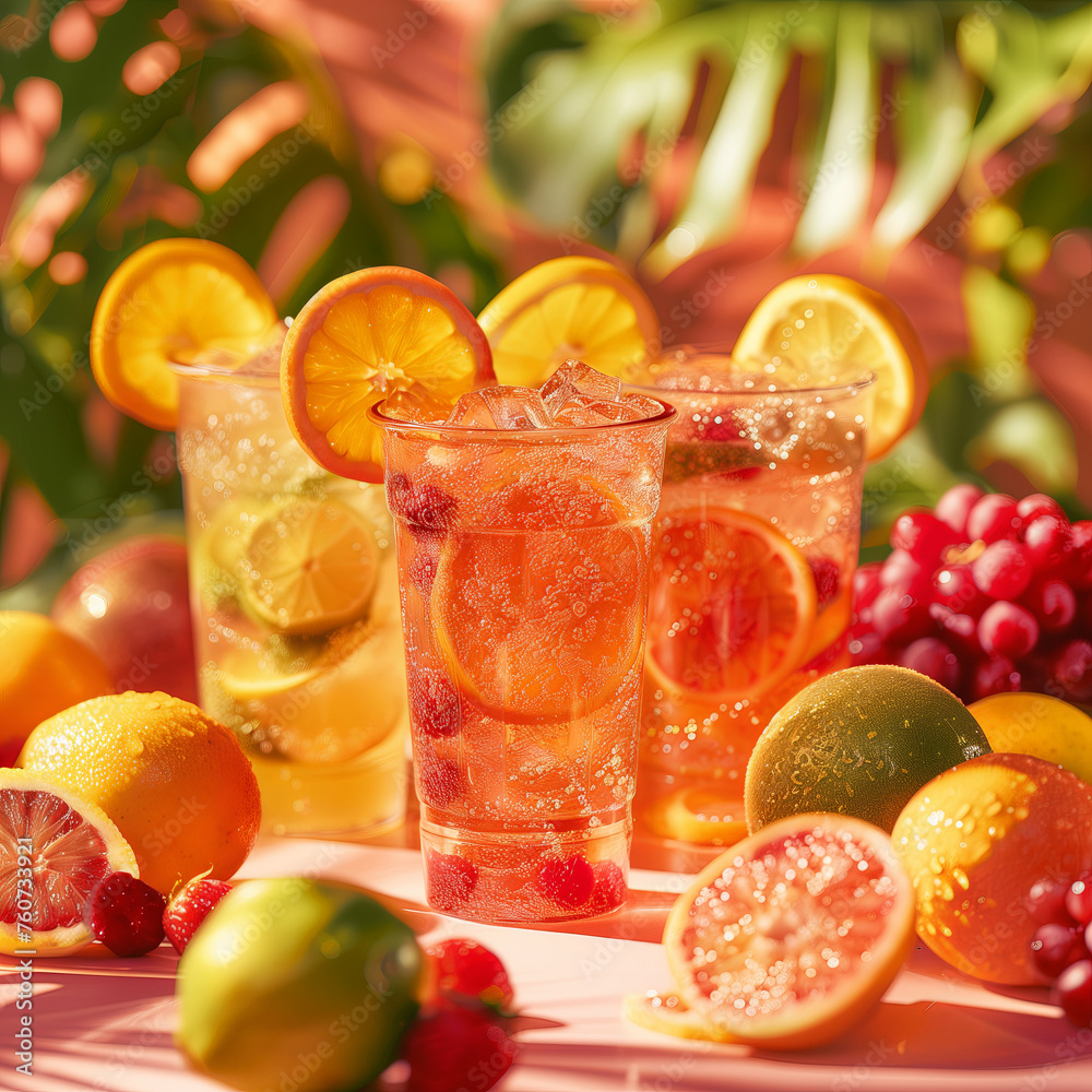 An assortment of sparkling citrus drinks with fresh oranges, lemons, and berries on a warm, sunlit background. An assortment of sparkling citrus drinks with fresh oranges, lemons, and berries on a warm, sunlit background.