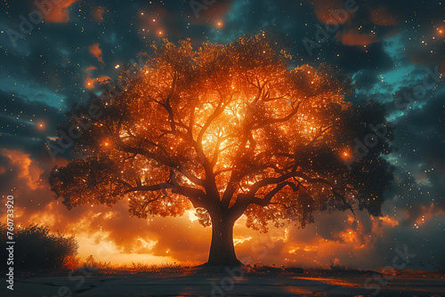 An illuminated, ethereal tree with sparkling stars in the night offering a sense of magic and wonder