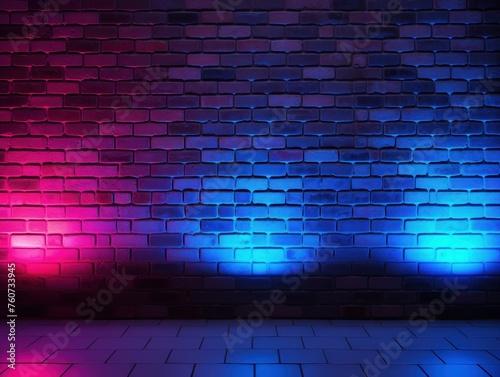 Neon colorful blue lighting on a brick wall pattern photo background