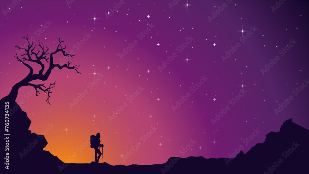 Fototapeta premium Traveler climb with backpack and travel walking sticks. silhouette of a person in the mountains. A Man hiking in the mountains. a person with backpack for hiking silhouette background