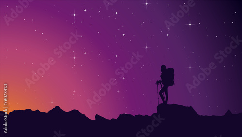 Traveler climb with backpack and travel walking sticks. silhouette of a person in the mountains. A Man hiking in the mountains. a person with backpack for hiking silhouette background