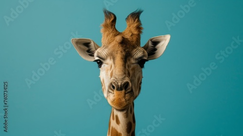 Close-up portrait of a giraffe's head looking at the camera with interest against a bright background