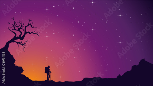 Traveler climb with backpack and travel walking sticks. silhouette of a person in the mountains. A Man hiking in the mountains. a person with backpack for hiking silhouette background © riansa28