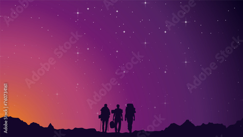 Traveler climb with backpack and travel walking sticks. silhouette of a person in the mountains. A Man hiking in the mountains. a person with backpack for hiking silhouette background