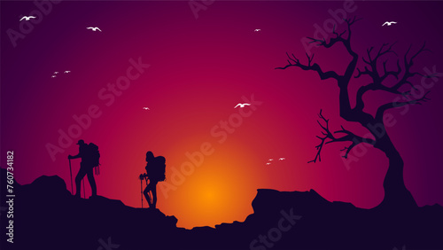 Traveler climb with backpack and travel walking sticks. silhouette of a person in the mountains. A Man hiking in the mountains. a person with backpack for hiking silhouette background