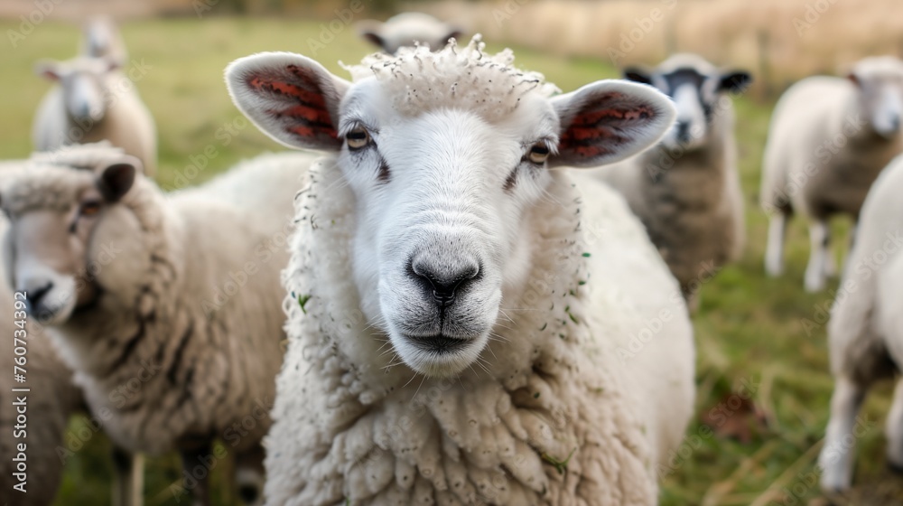 a group of sheep standing next to each other on a field of grass