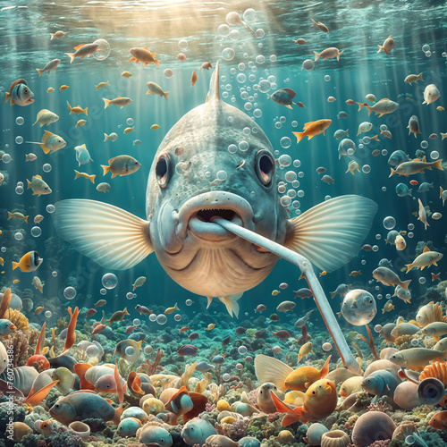 bream fish with straw in mouth pointing upwards blowing air bubbles swimming in rubbish sea