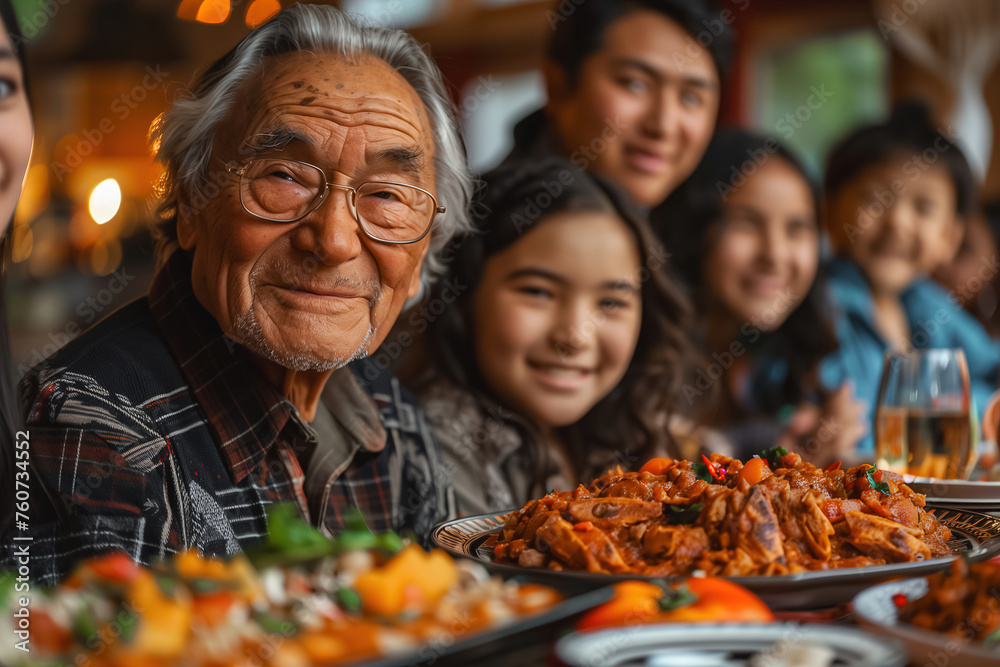 An older man smiles with his family around a table with a focus on a dish, capturing warmth and togetherness