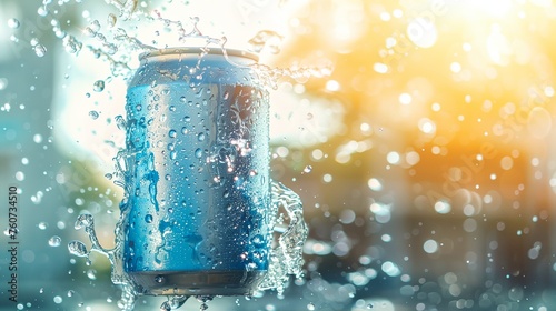 a can of soda with water droplets on it s surface