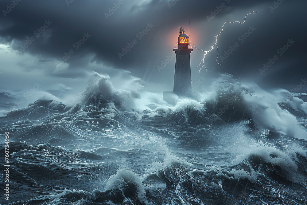 Dramatic scene of a lighthouse enduring a fierce storm with crashing waves and lightning strikes