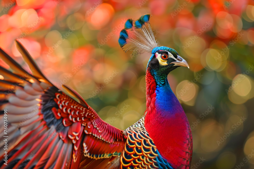 Obraz premium A colorful bird with a blue and red head and tail feathers. The bird is in the air and has a beautiful, vibrant appearance. animal photography, Spread wings and soar, peacock with colorful feathers