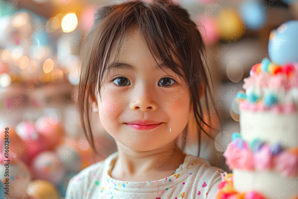 Adorable young girl with a big smile, against a backdrop of colorful cakes at a party Adorable young girl with a big smile, against a backdrop of colorful cakes at a party