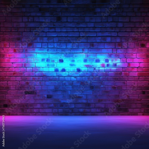 Neon blue lighting on a  brick wall pattern photo background