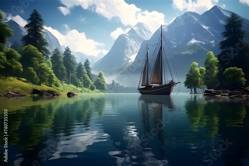 Sailing Boat on Crystal Clear Lake: A serene scene of a sailing boat gliding on a crystal-clear lake, surrounded by mountains and forests.