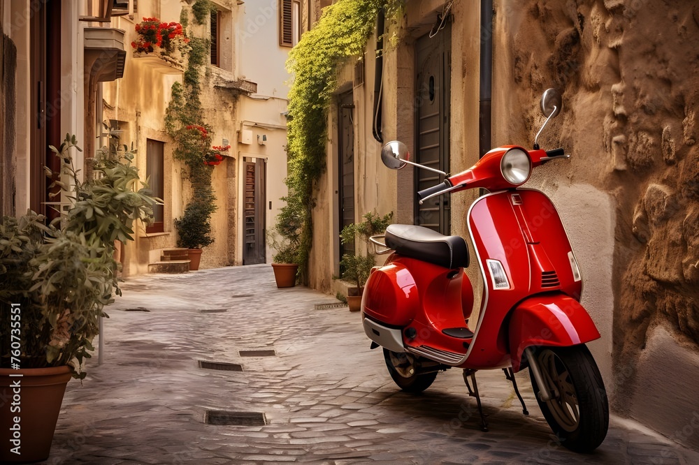 Classic Red Vespa in Italy: A classic red Vespa parked in a charming Italian alley, capturing the essence of European lifestyle.


