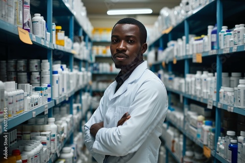 Dedicated African american pharmacist evening work. Job specialist service drug indoor. Generate Ai © anatolir