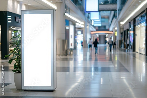 Blank advertising billboard inside a shopping mall with walking shoppers.