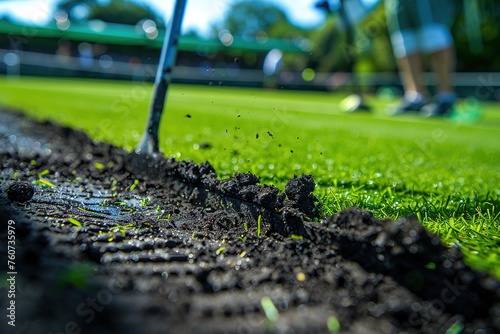 Close-up of soil being aerated on a lush green lawn with a person in shorts in the background.