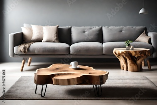 Close up of natural wood rustic live edge coffee table near grey sofa. Minimalist home interior design of modern living room. 